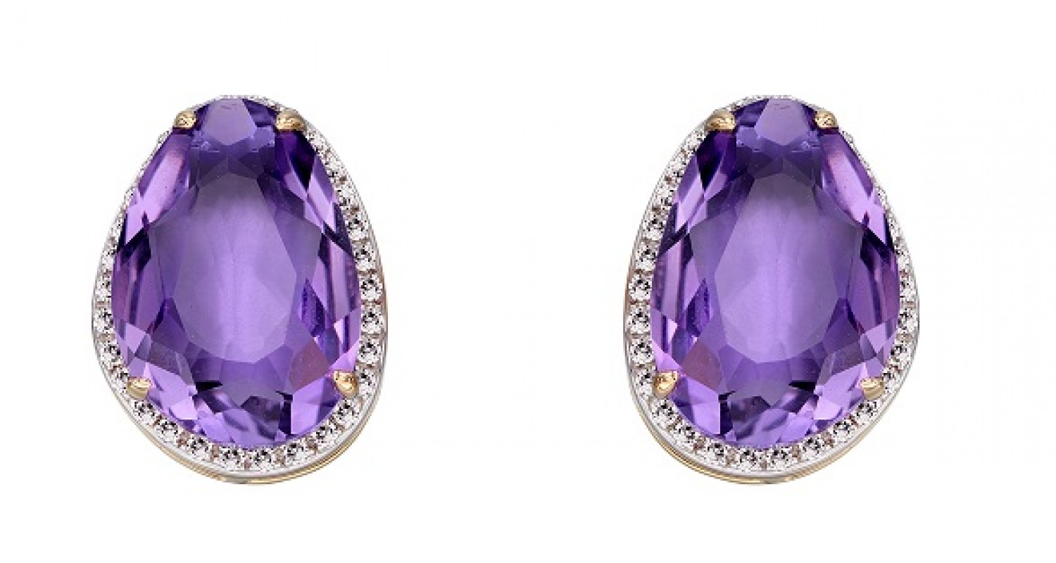 9ct Yellow Gold Amethyst & Diamond Oval Earrings