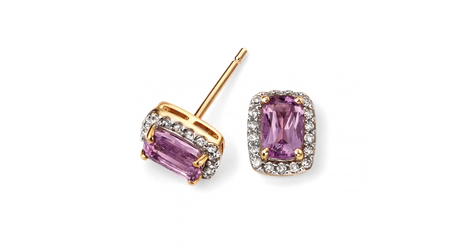 9ct Yellow Gold Amethyst & Diamond Stud Earrings