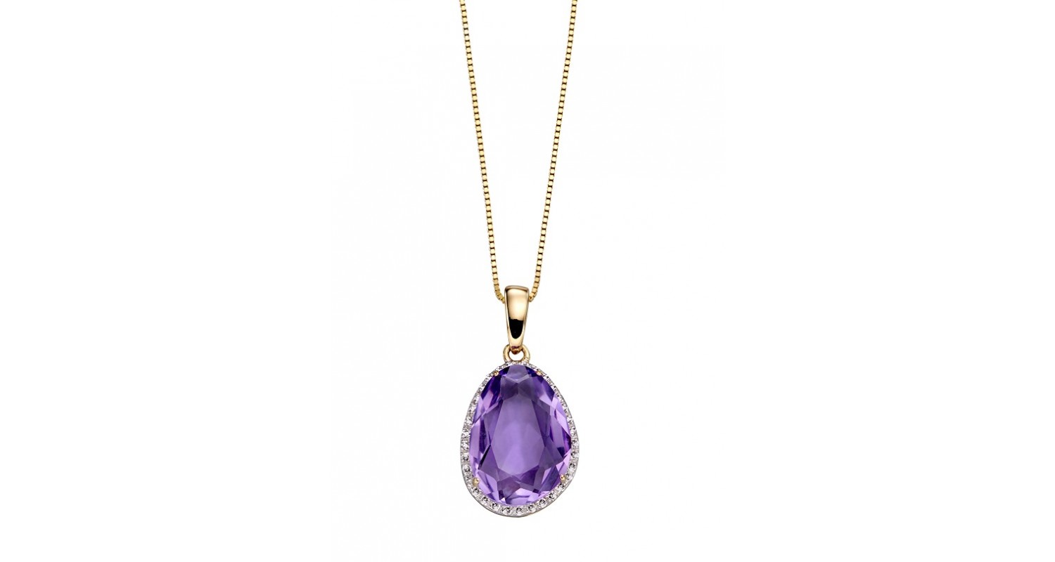 9ct Yellow Gold Amethyst & Diamond Oval Necklace