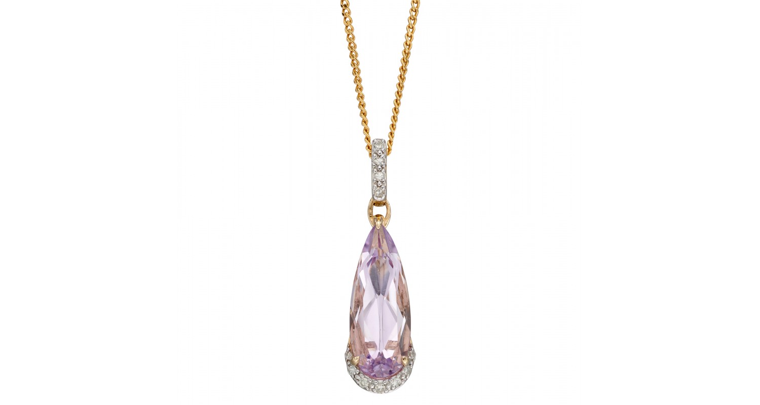 9ct Yellow Gold Pink Amethyst & Diamond Necklace