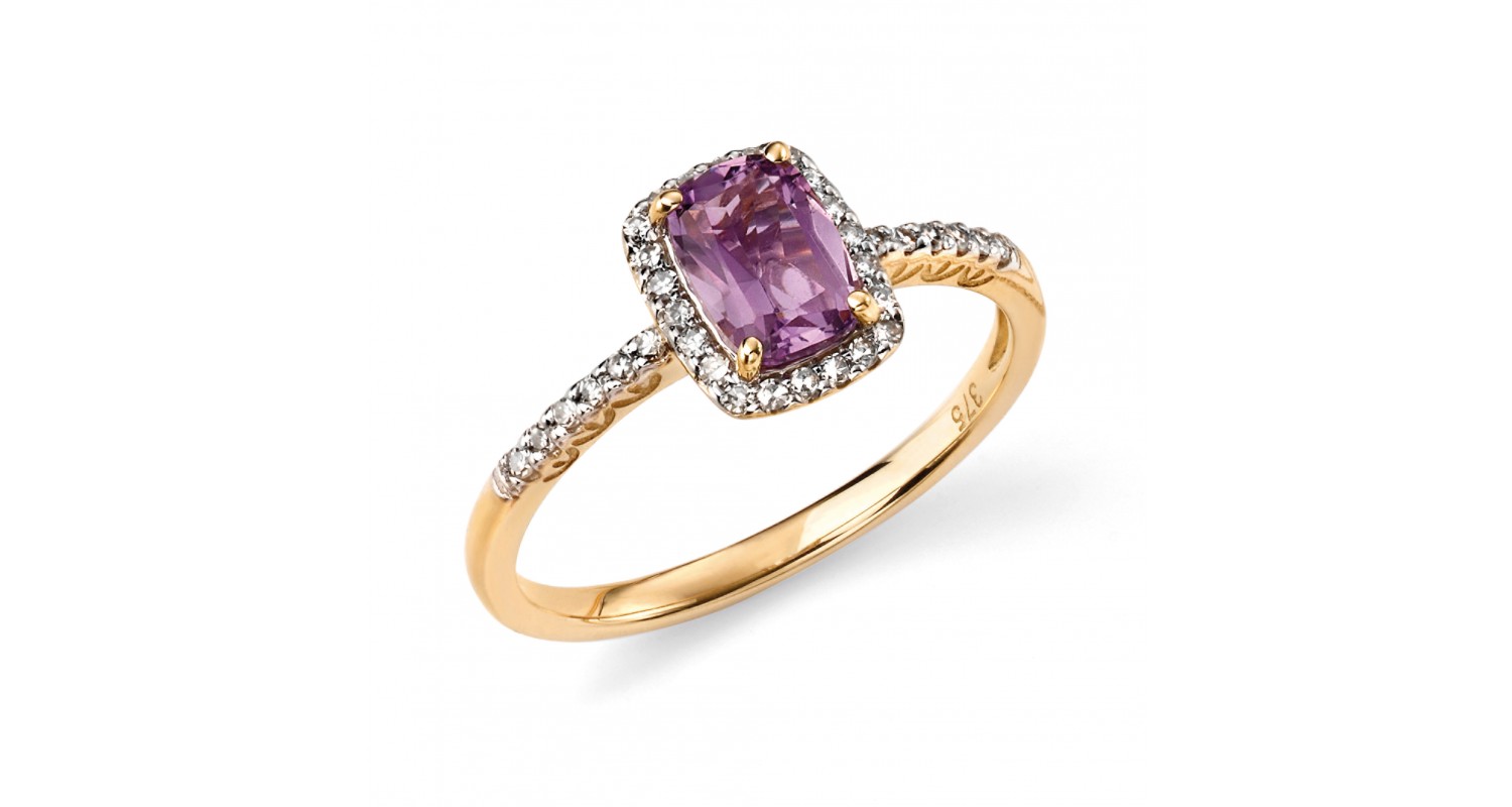 9ct Yellow Gold Amethyst & Diamond Ring