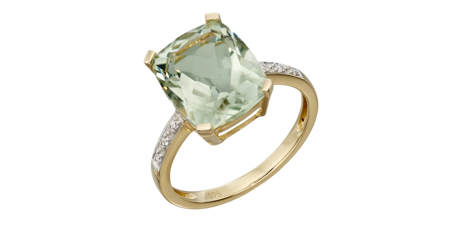 9ct Yellow Gold Green Amethyst & Diamond Ring