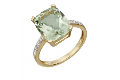 9ct Yellow Gold Green Amethyst & Diamond Ring