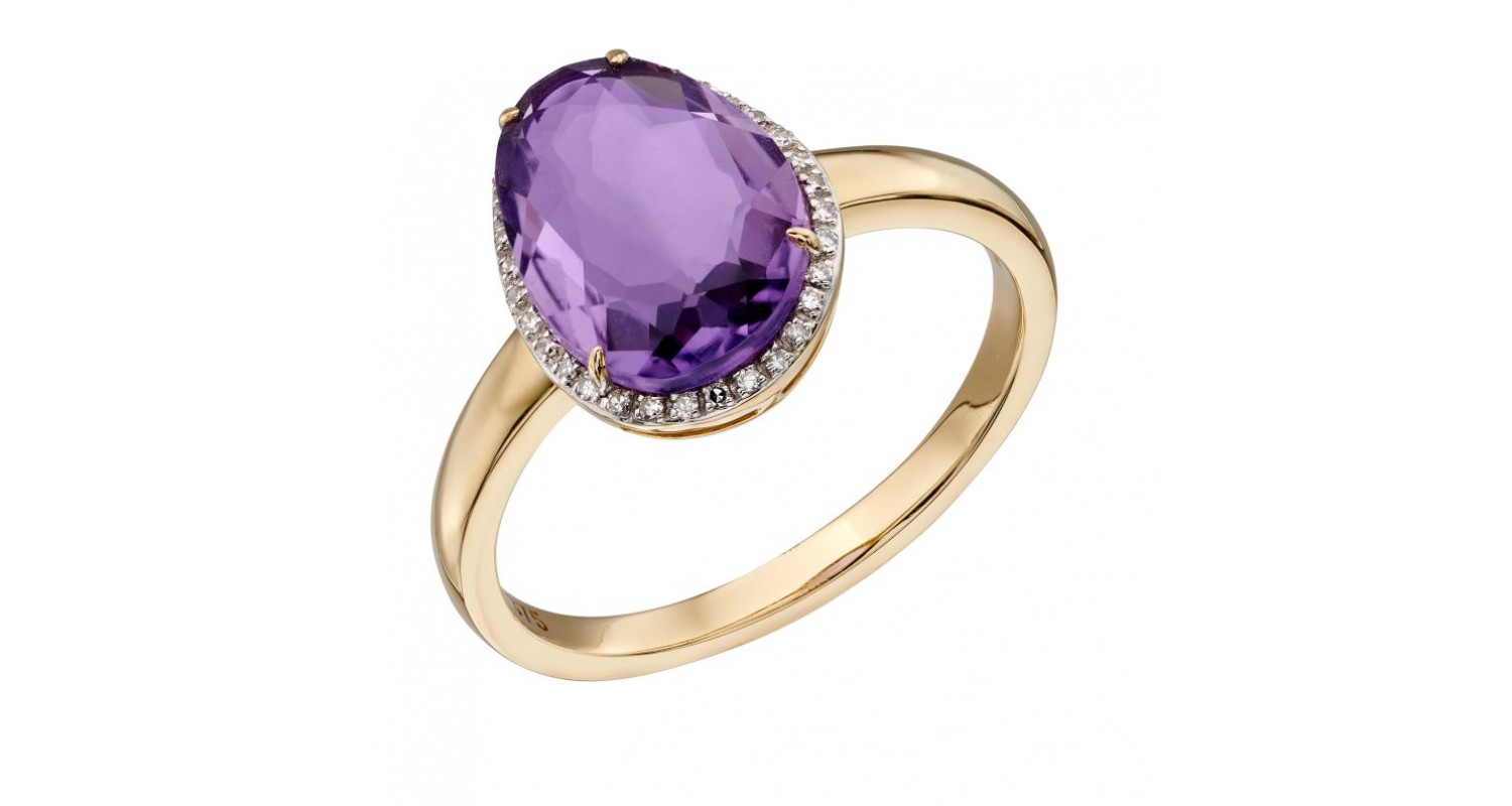 9ct Yellow Gold Amethyst & Diamond Oval Ring