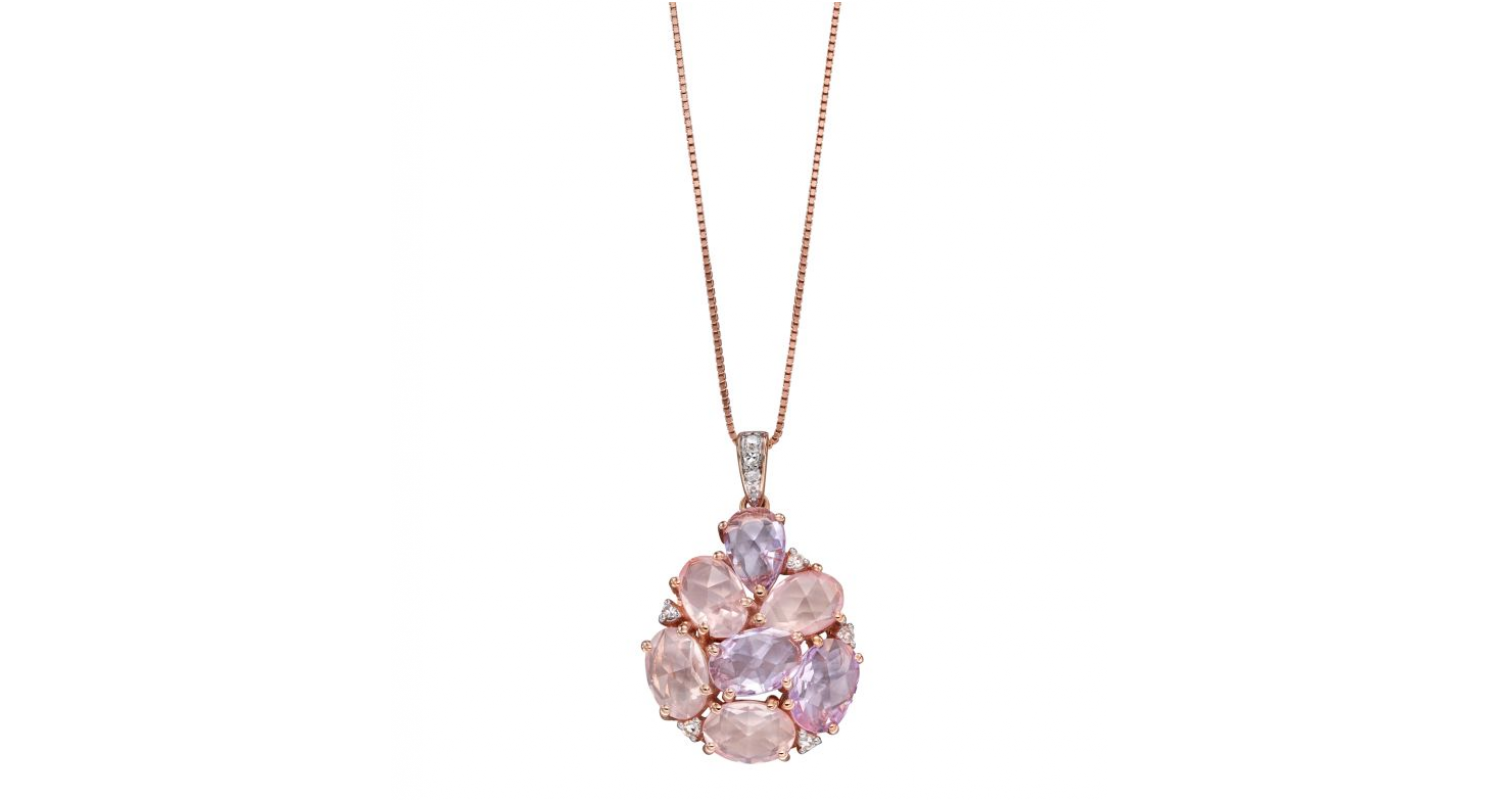 9ct Rose Gold Amethyst, Rose Quartz & Diamond Necklace