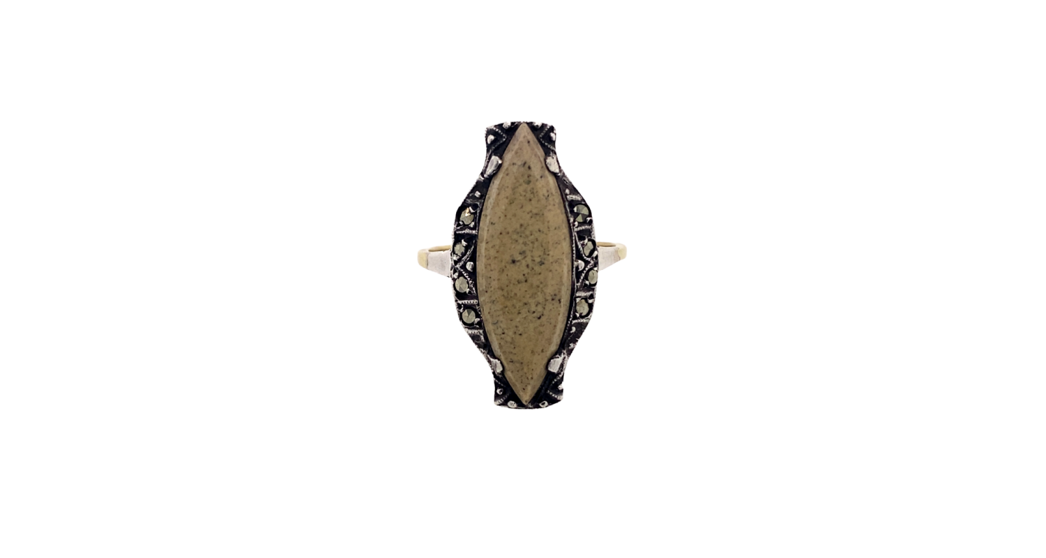 9ct Yellow Gold/Silver Jasper Marcasite Ring