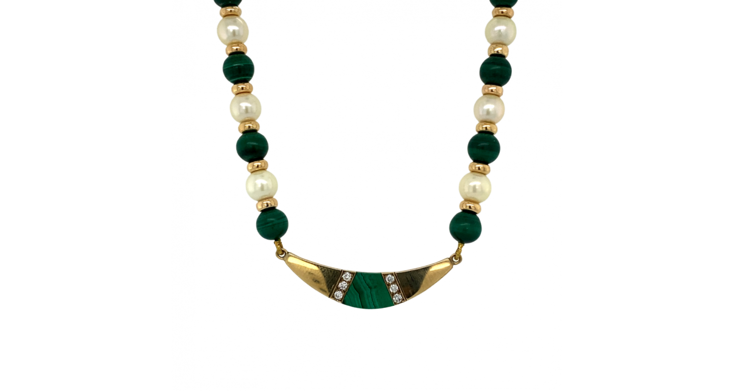 9ct Yellow Gold Diamond & Malachite Necklace