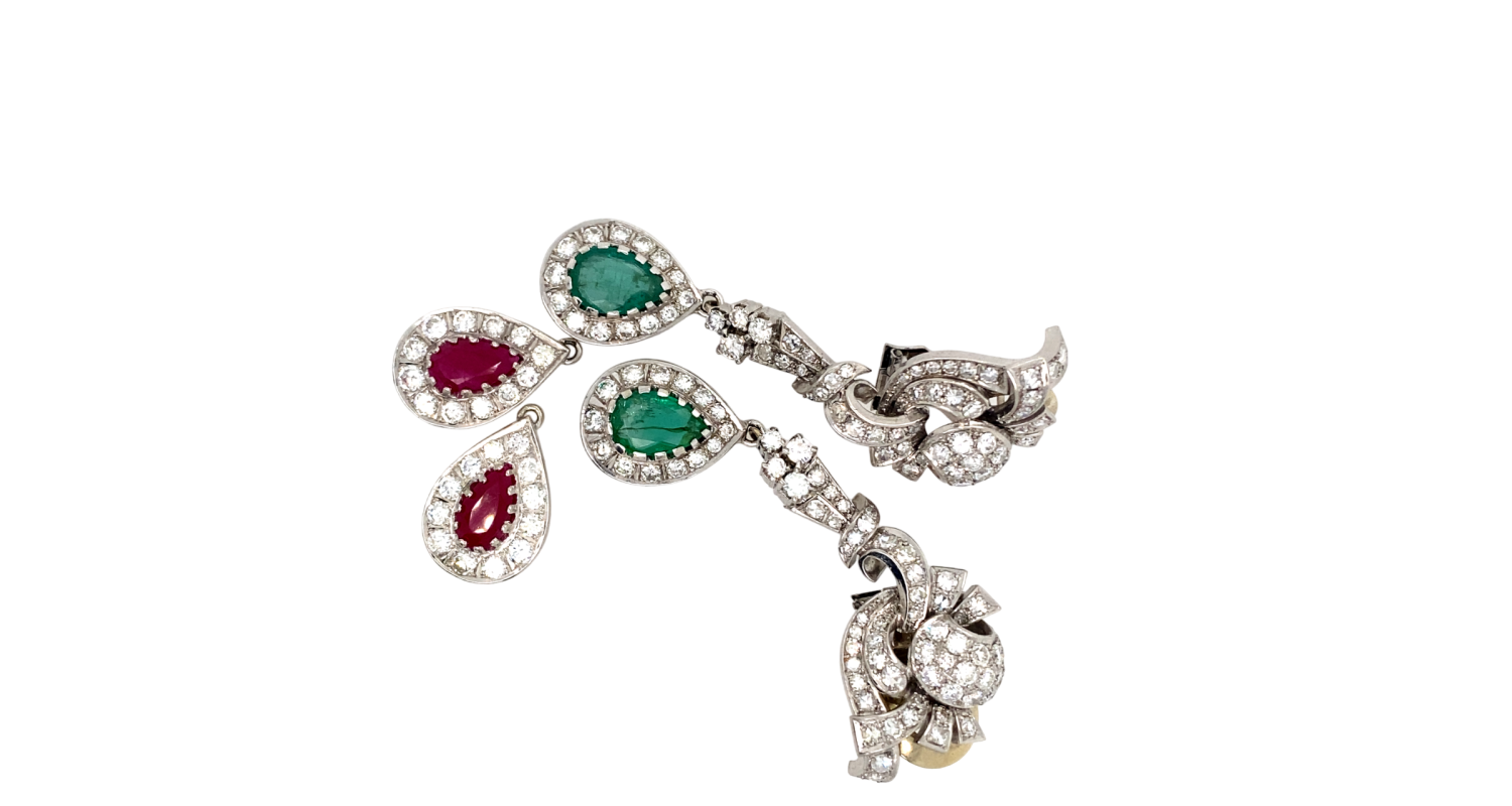 Vintage 18ct 7.76ct Diamond/Emerald/Ruby Earrings