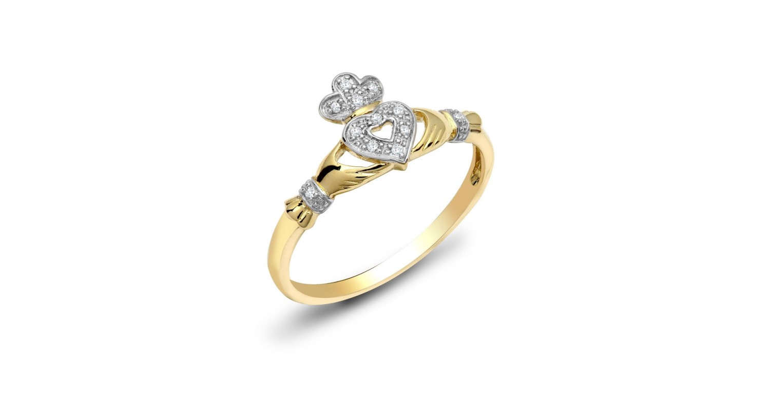 9ct Yellow Gold Diamond Claddagh Ring