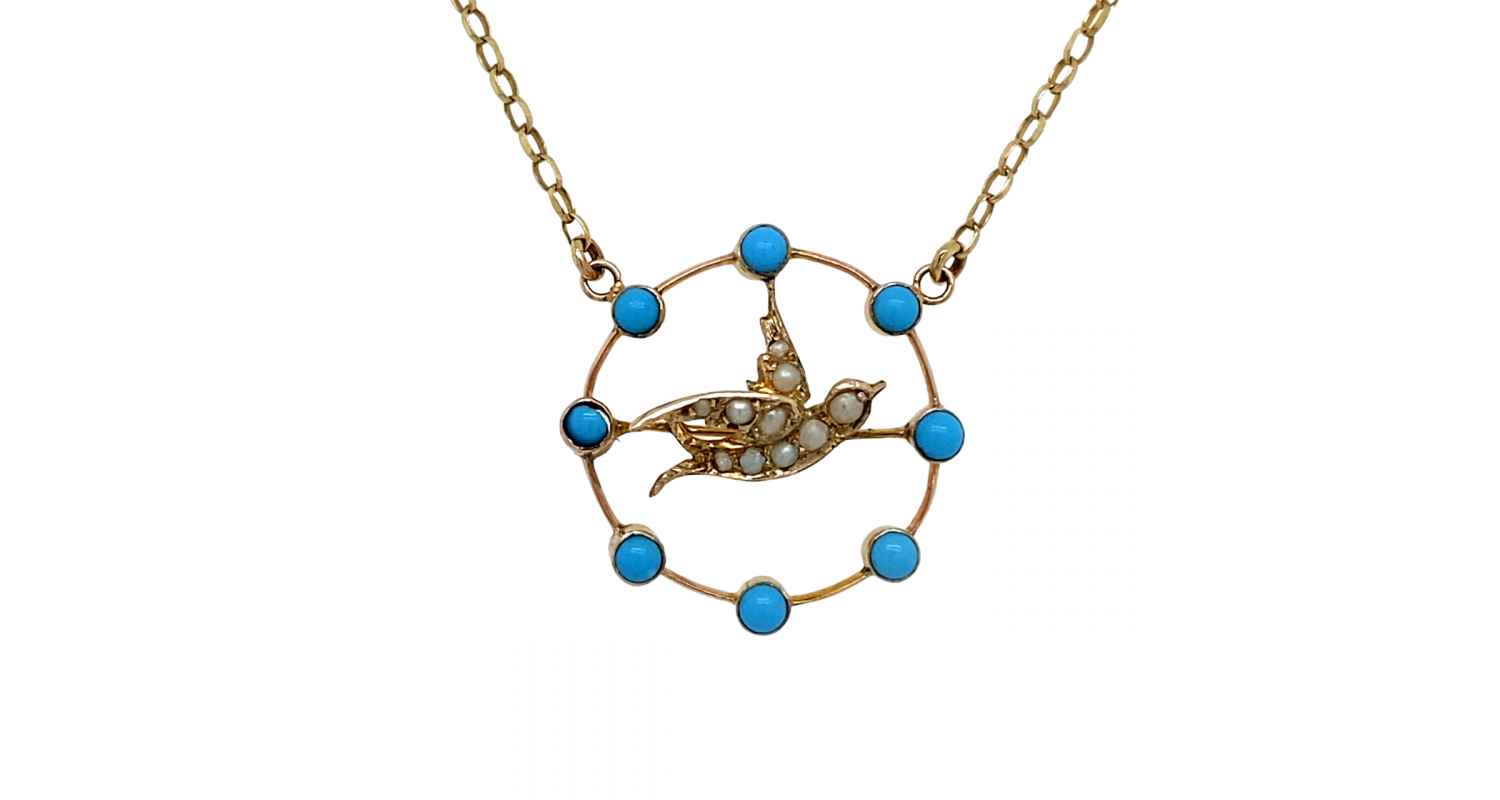 9ct Yellow Gold Turquoise & Seed Pearl Necklace