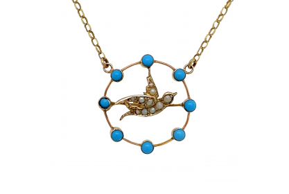 9ct Yellow Gold Turquoise & Seed Pearl Necklace