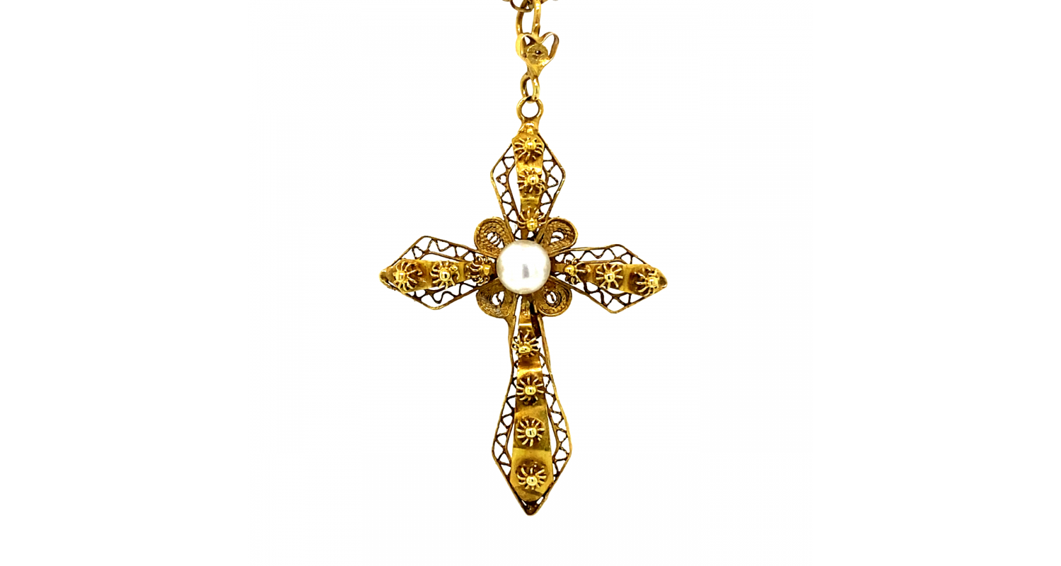 18ct Yellow Gold Pearl Cross Necklace