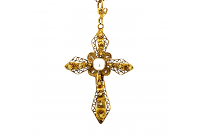 18ct Yellow Gold Pearl Cross Necklace