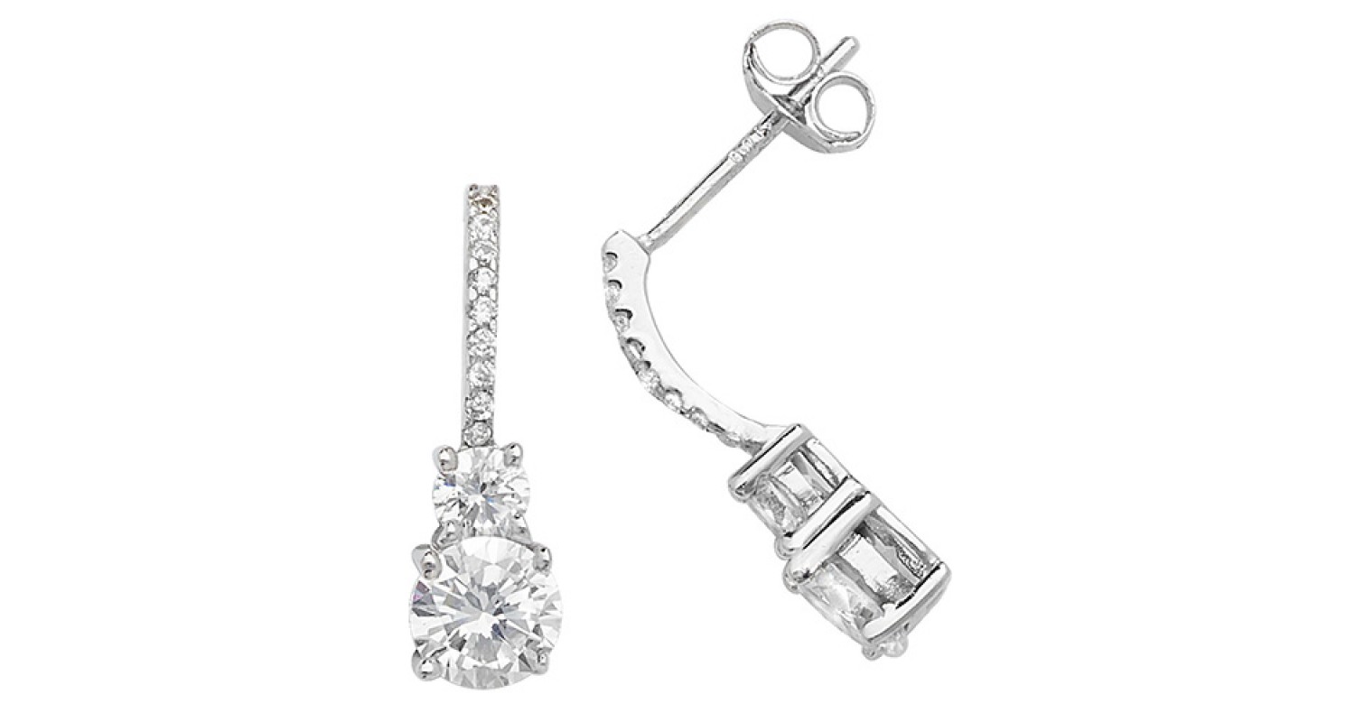 Silver Double CZ Drop Earrings