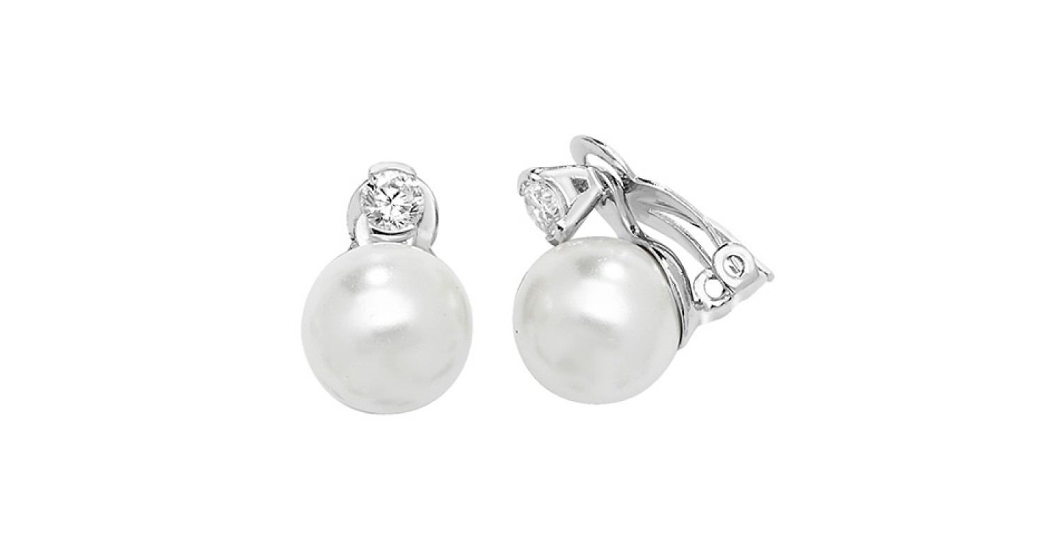 SILVER CZ & PEARL RH PLATED CLIP-ON EARRINGS