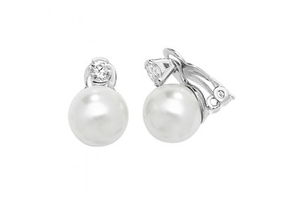 SILVER CZ & PEARL RH PLATED CLIP-ON EARRINGS