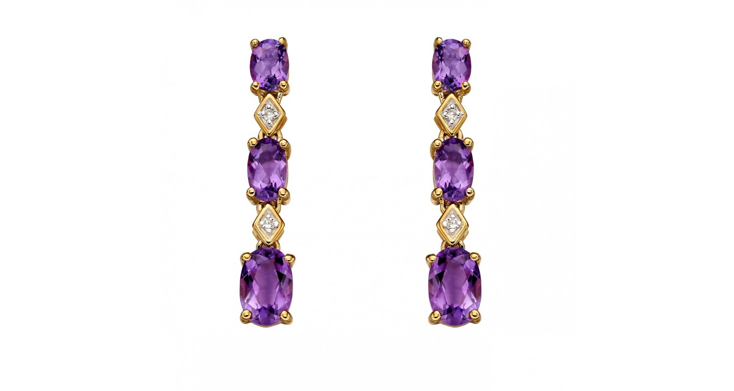 9ct Yellow Gold Amethyst & Diamond Earrings