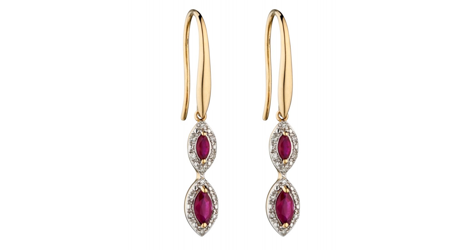 9ct Yellow Gold Ruby & Diamond Marquise Earrings