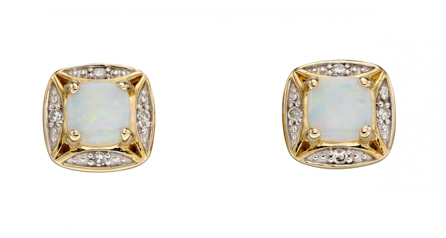 9ct Yellow Gold Opal & Diamond Earrings