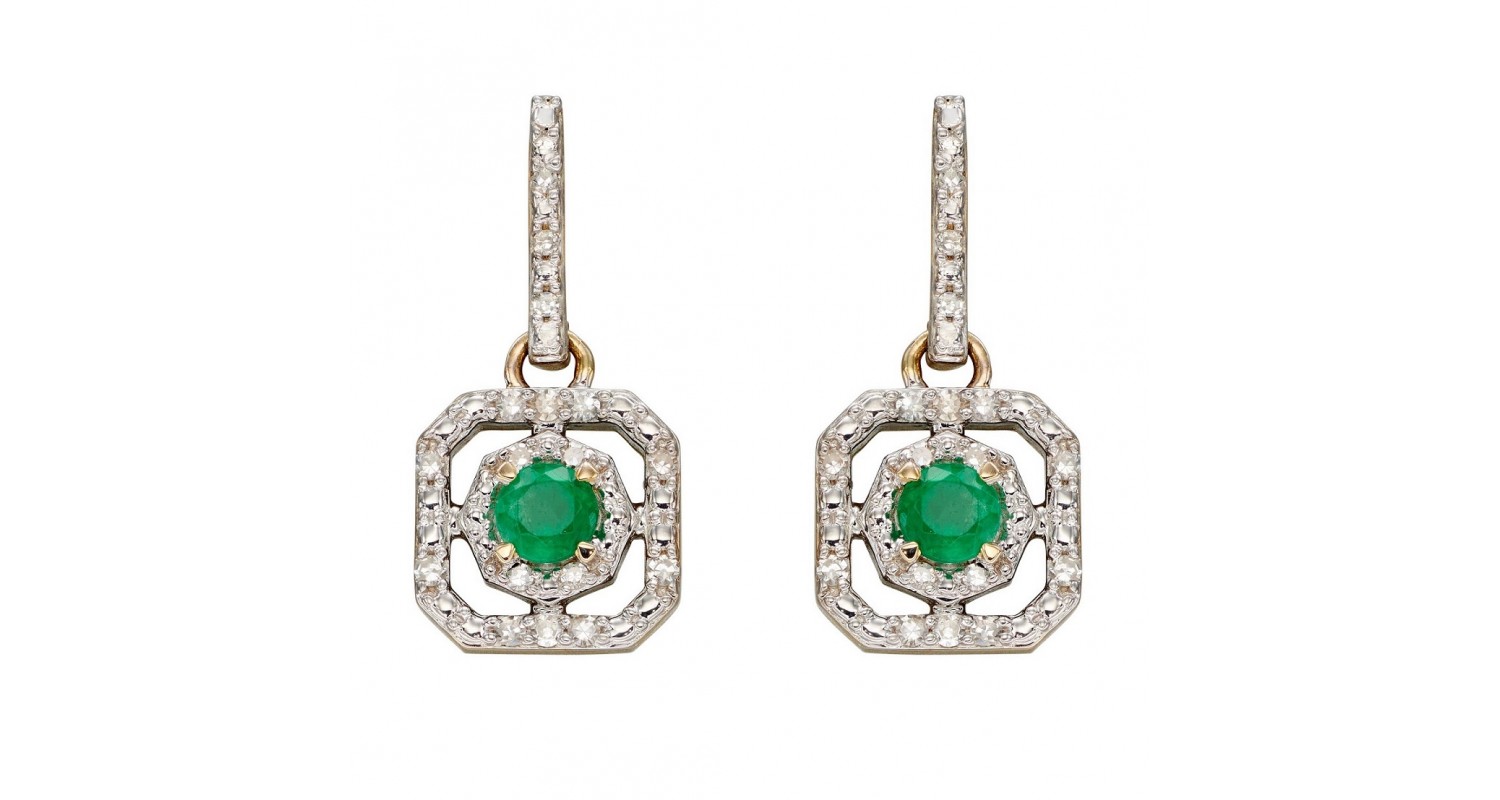 9ct Yellow Gold Emerald & Diamond Earrings