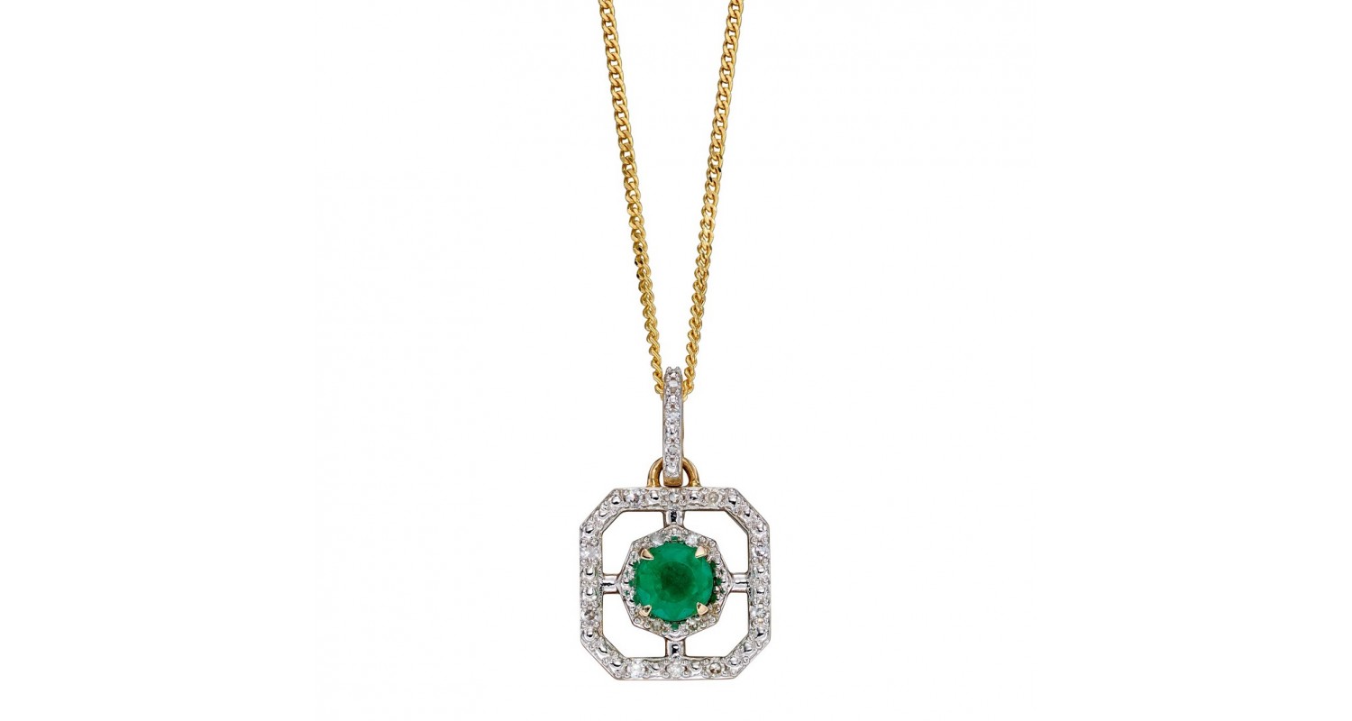 9ct Yellow Gold Emerald & Diamond Necklace