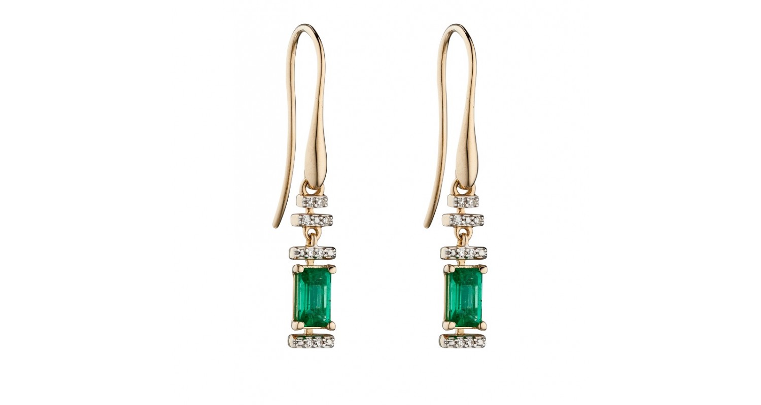 9ct Yellow Gold Emerald & Diamond Deco Earrings