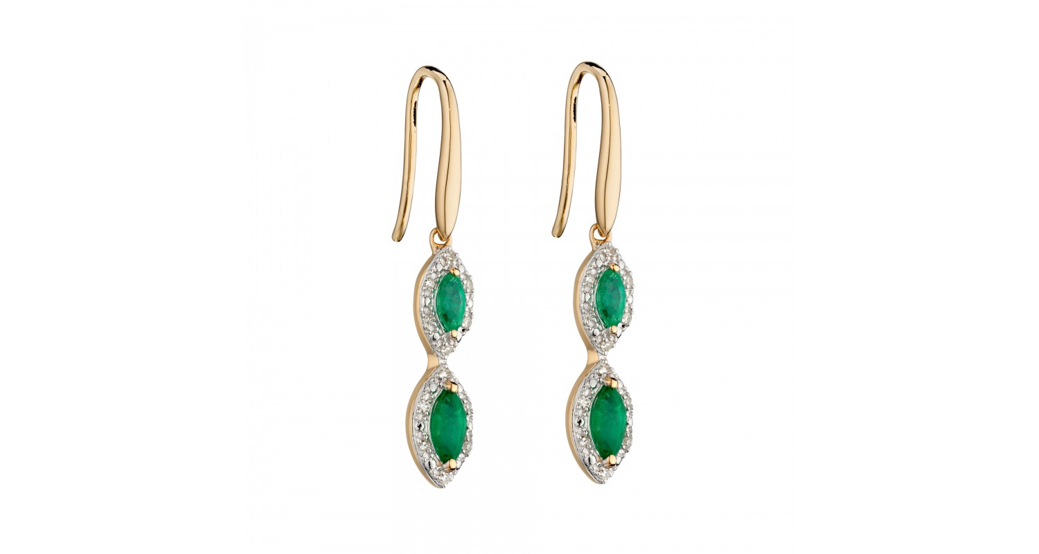 9ct Yellow Gold Emerald & Diamond Drop Earrings