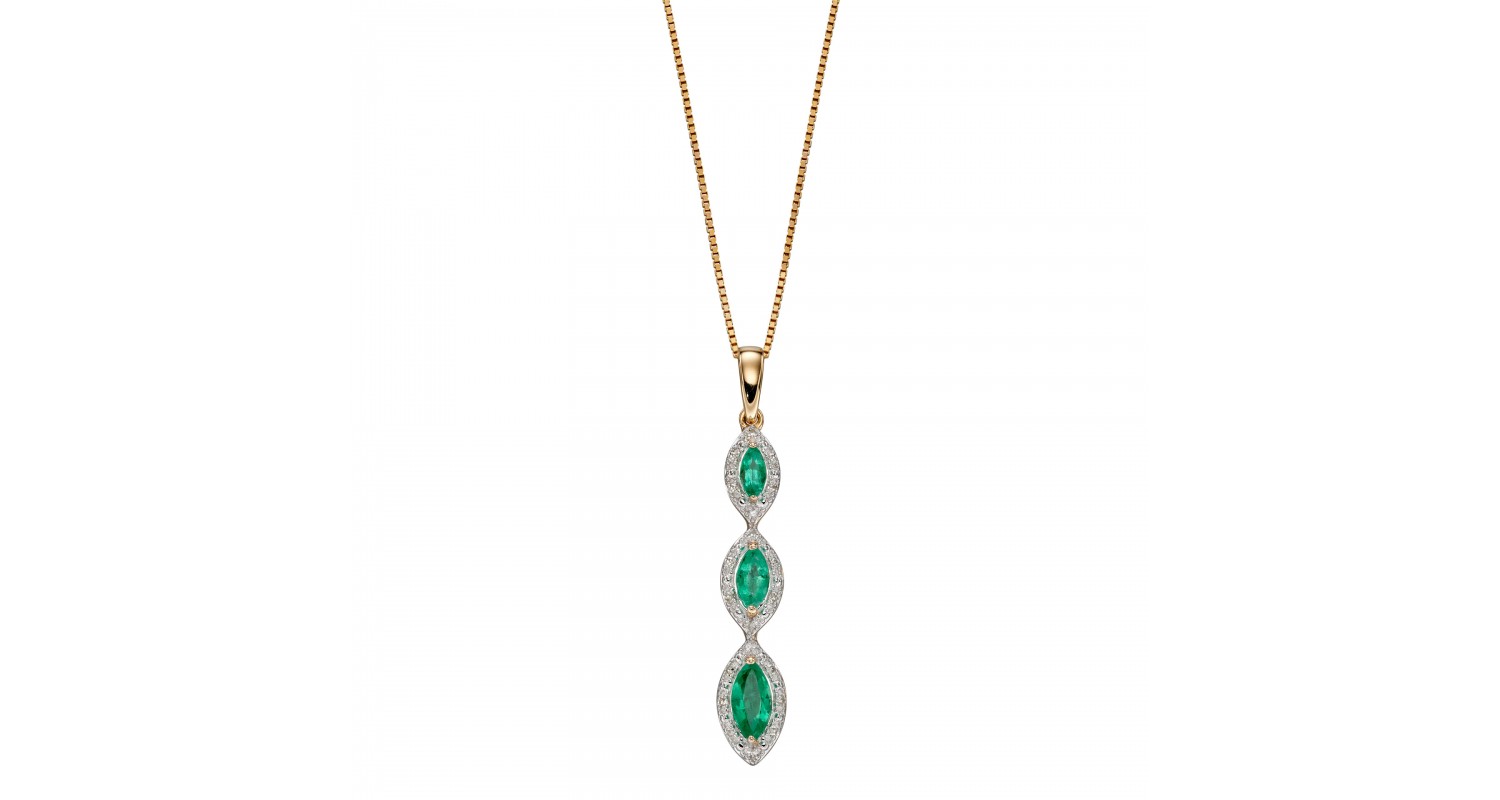 9ct Yellow Gold Emerald & Diamond Drop Necklace 