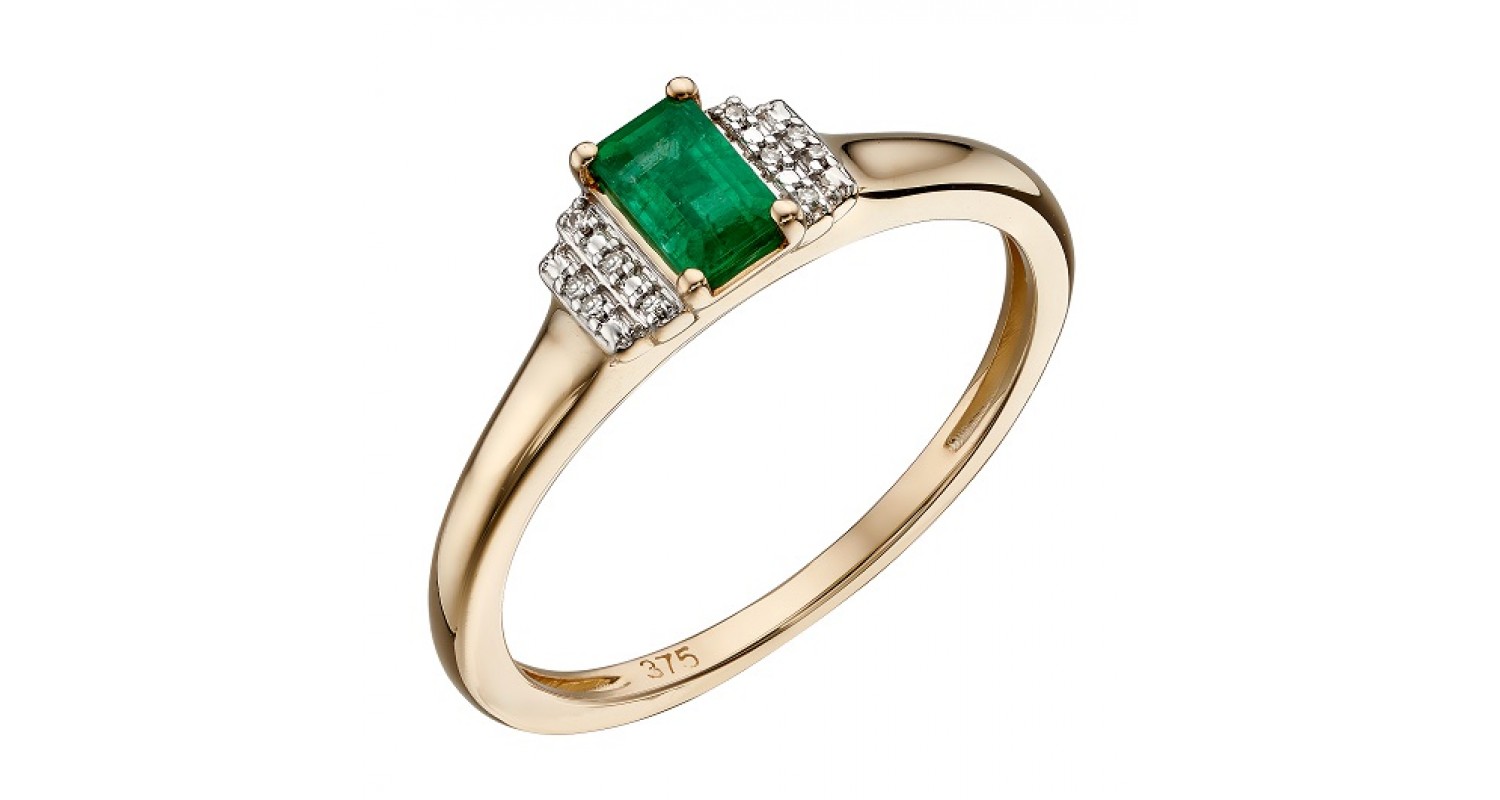 9ct Yellow Gold Emerald & Diamond Deco Ring