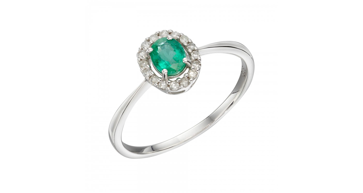 9ct White Gold Emerald & Diamond Cluster Ring