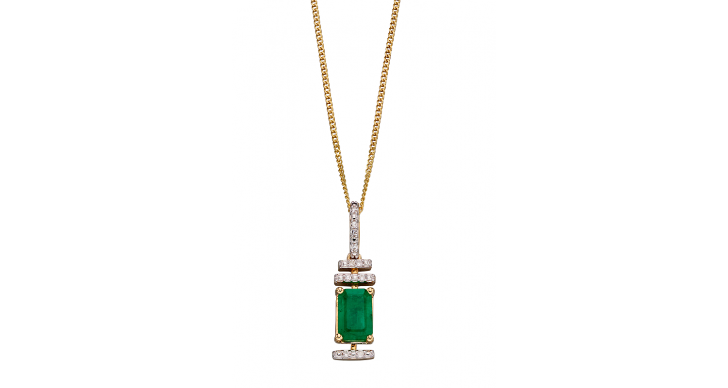 9ct Yellow Gold Emerald & Diamond Deco Necklace