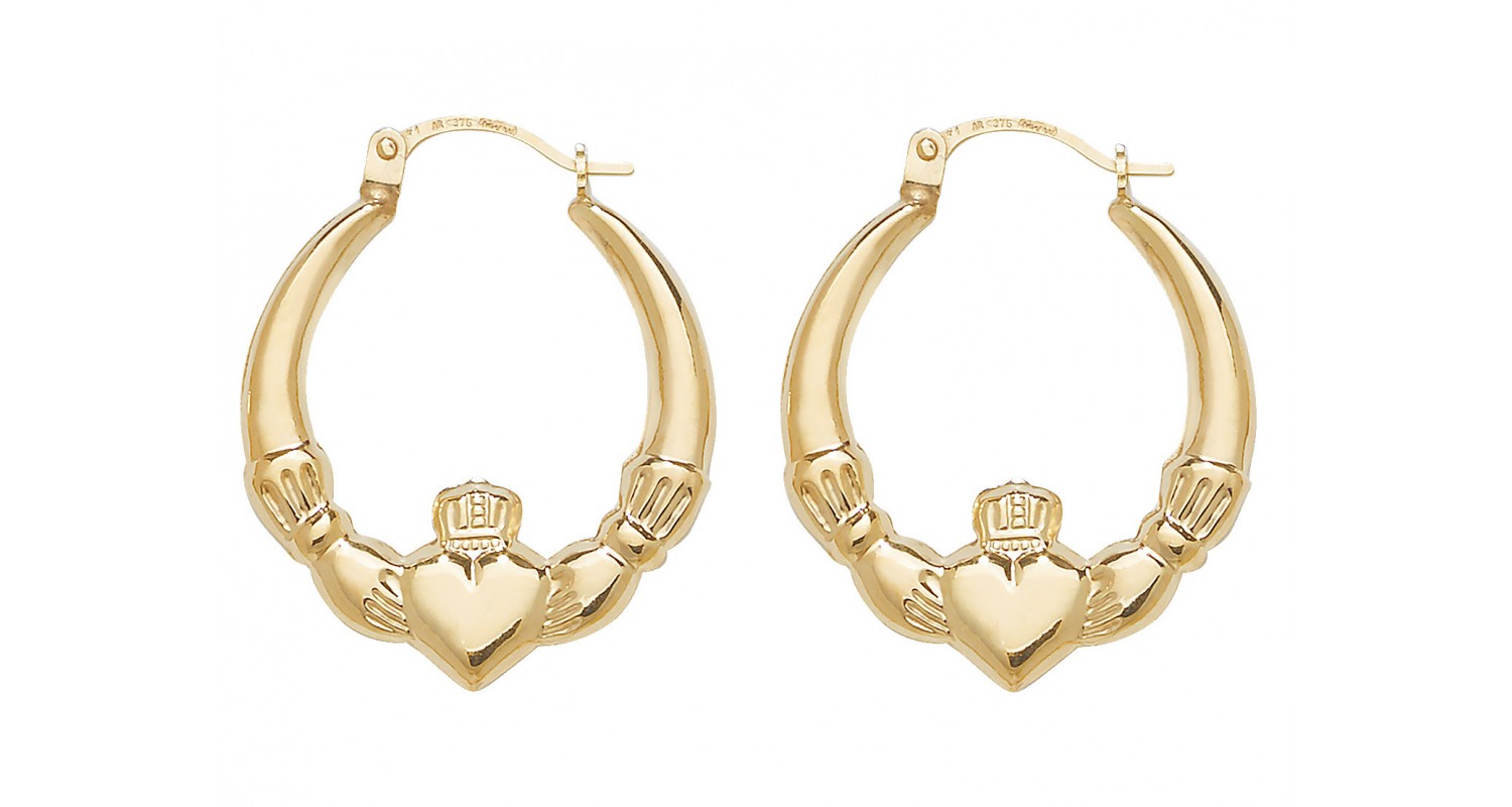 9ct Yellow Gold Claddagh Creole Earrings