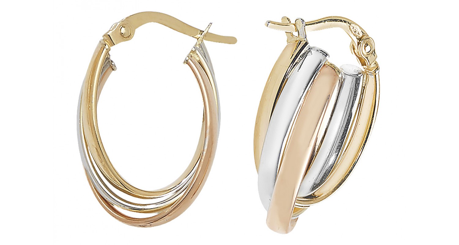 9ct Three Colour Gold Oval Hoop Earrings