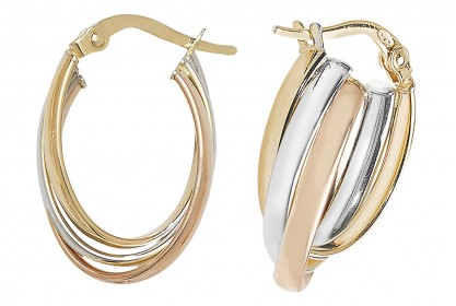 9ct Three Colour Gold Oval Hoop Earrings