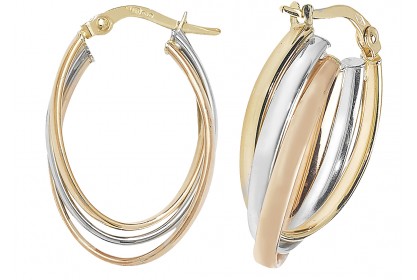 9ct Three Colour Gold Oval Hoop Earrings