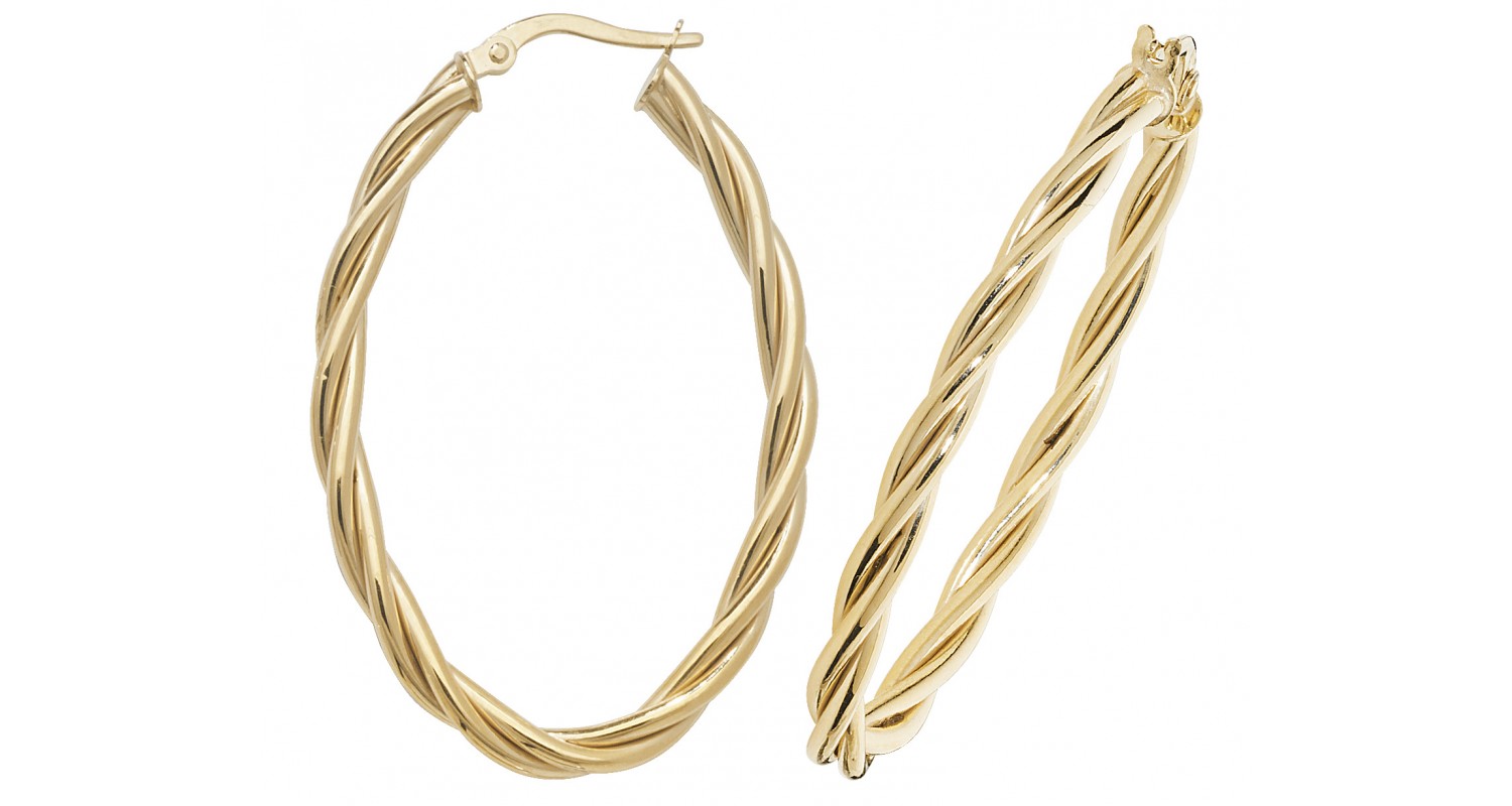 9ct Yellow Gold Hollow Oval Hoop Twist Earrings