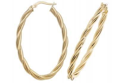 9ct Yellow Gold Hollow Oval Hoop Twist Earrings