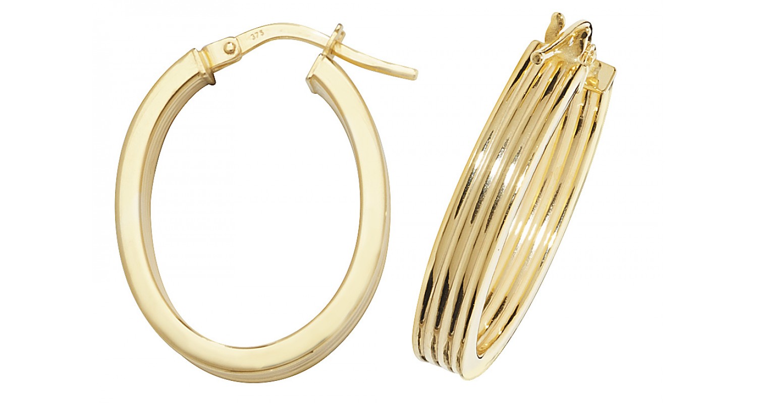 9ct Yellow Gold Diamond Cut Oval Hoop Earrings