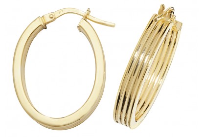 9ct Yellow Gold Diamond Cut Oval Hoop Earrings