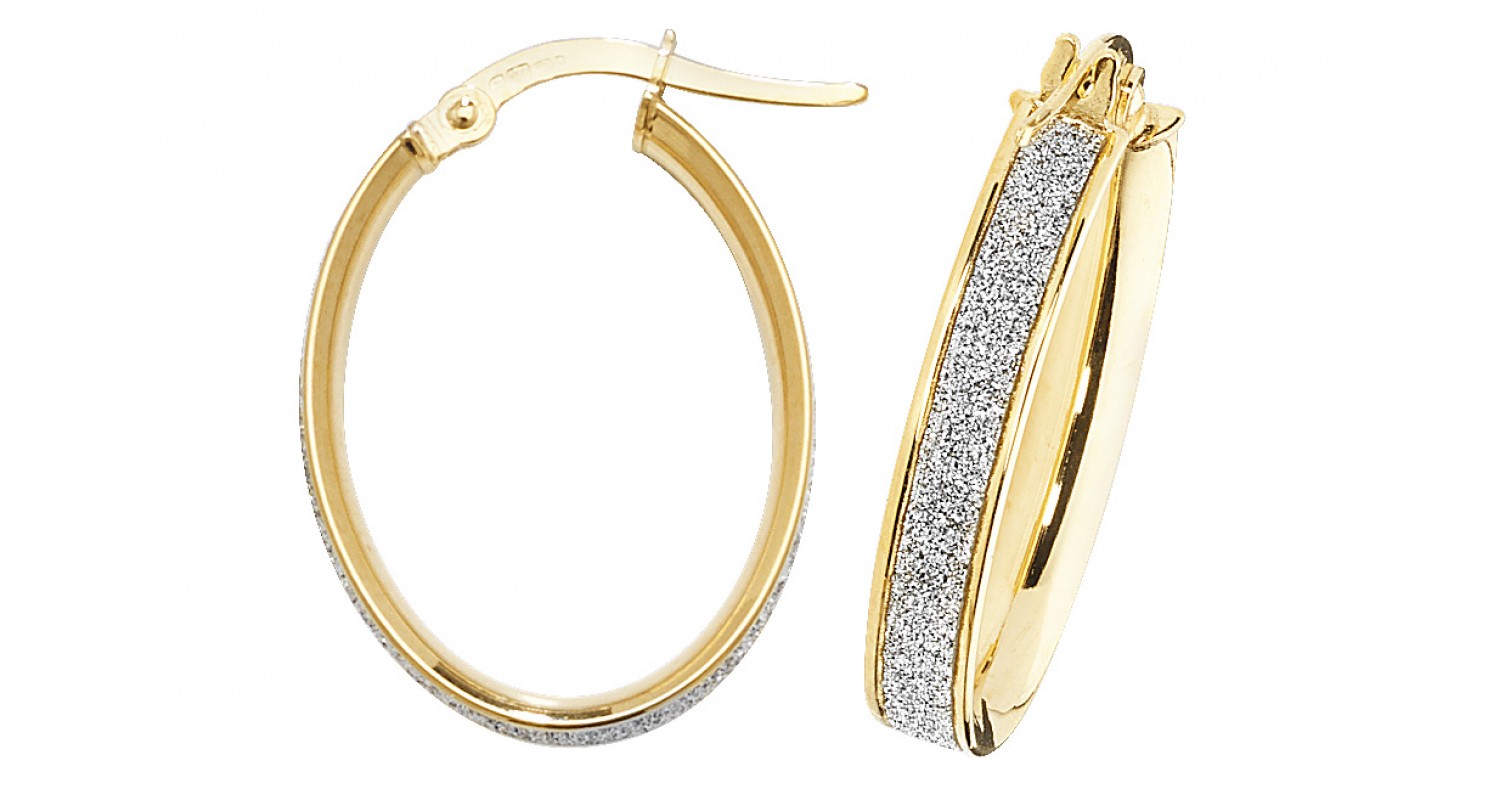 9ct Yellow Gold Stardust Sparkle Oval Hoop Earrings