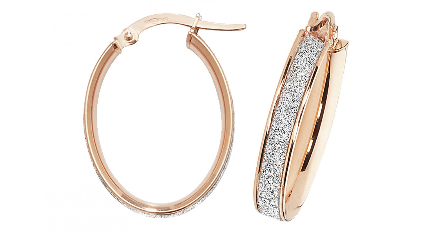 9ct Rose Gold Stardust Sparkle Oval Hoop Earrings