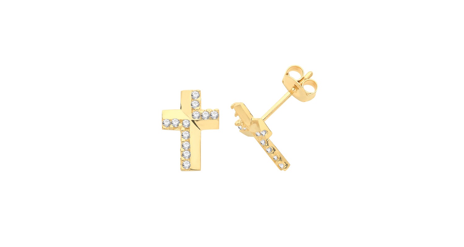 9ct Yellow Gold CZ Set Cross Studs