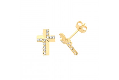 9ct Yellow Gold CZ Set Cross Studs