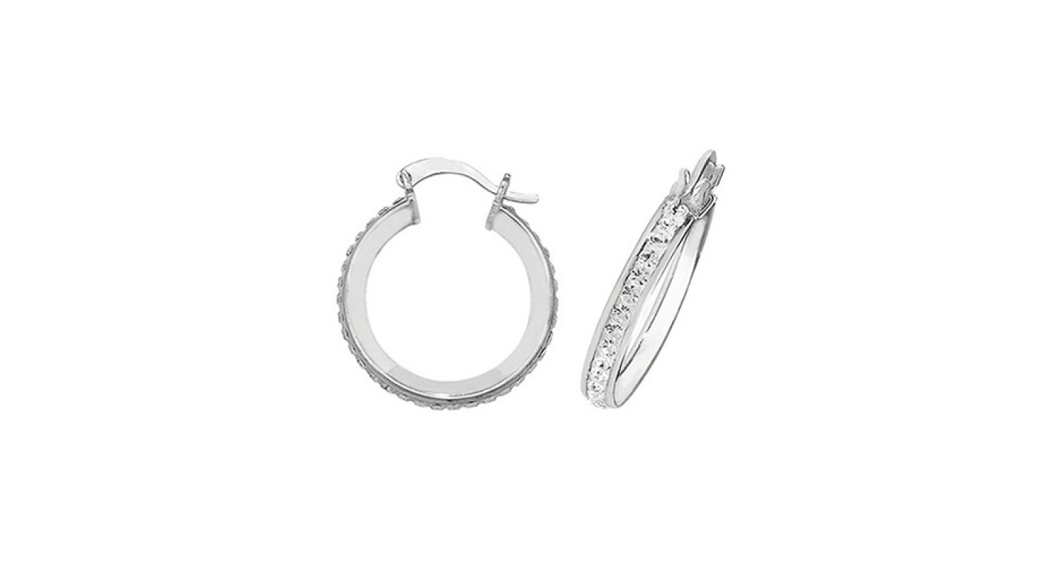 SILVER 15MM CRYSTAL HOOP EARRINGS