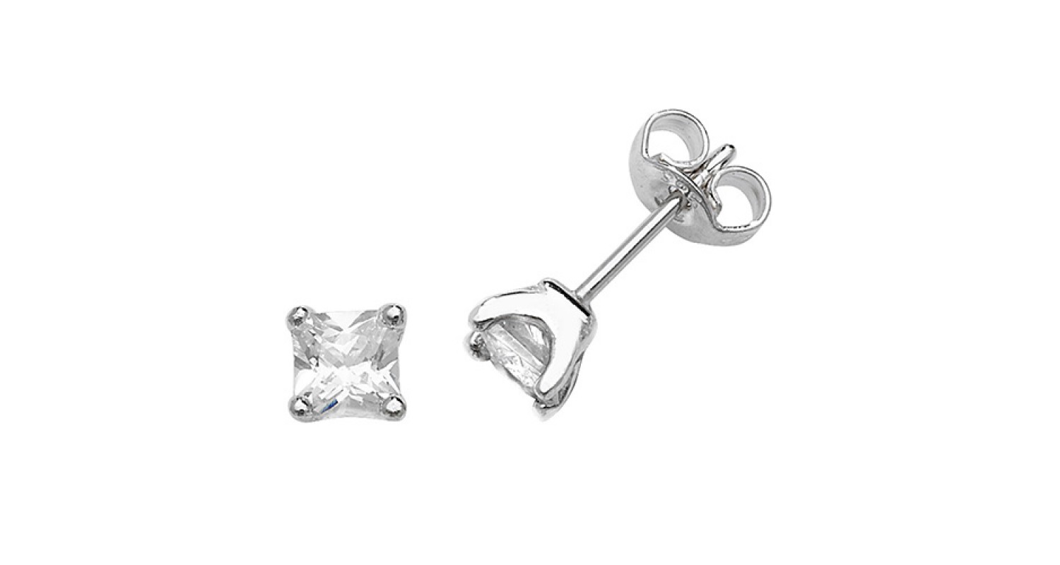 Silver Square CZ Stud Earrings