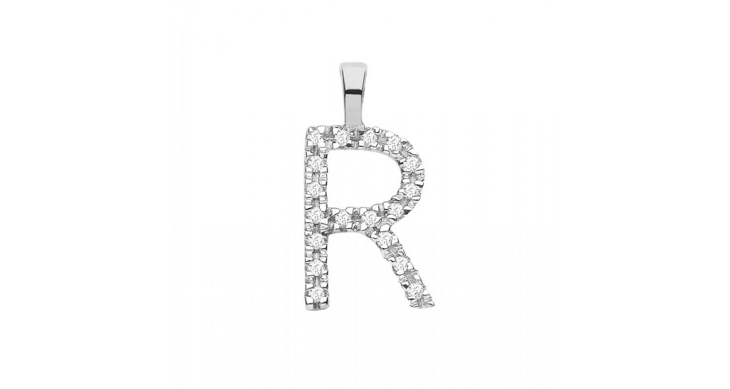 9ct White Gold 0.05ct Diamond R Initial