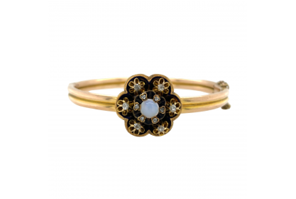 Art Nouveau 9ct Gold Opal & Diamond Bangle