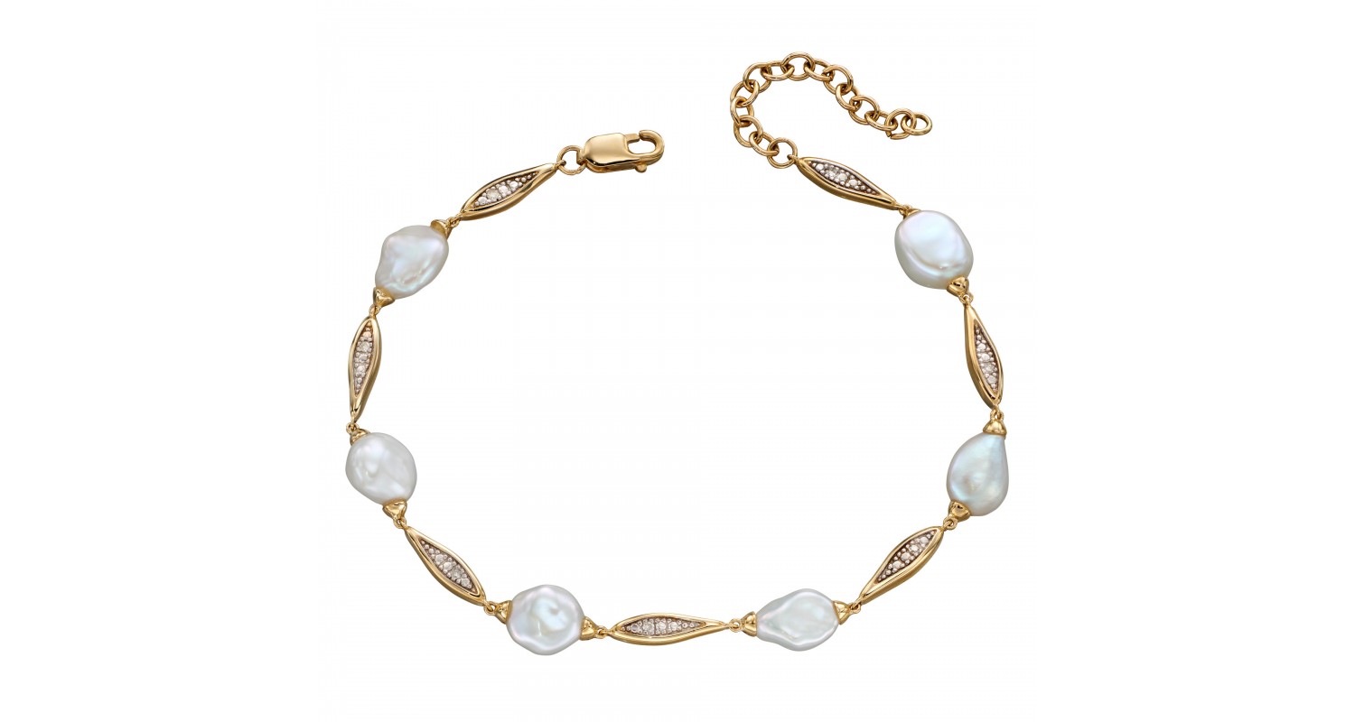 9ct Yellow Gold Keshi Pearl & Diamond Bracelet