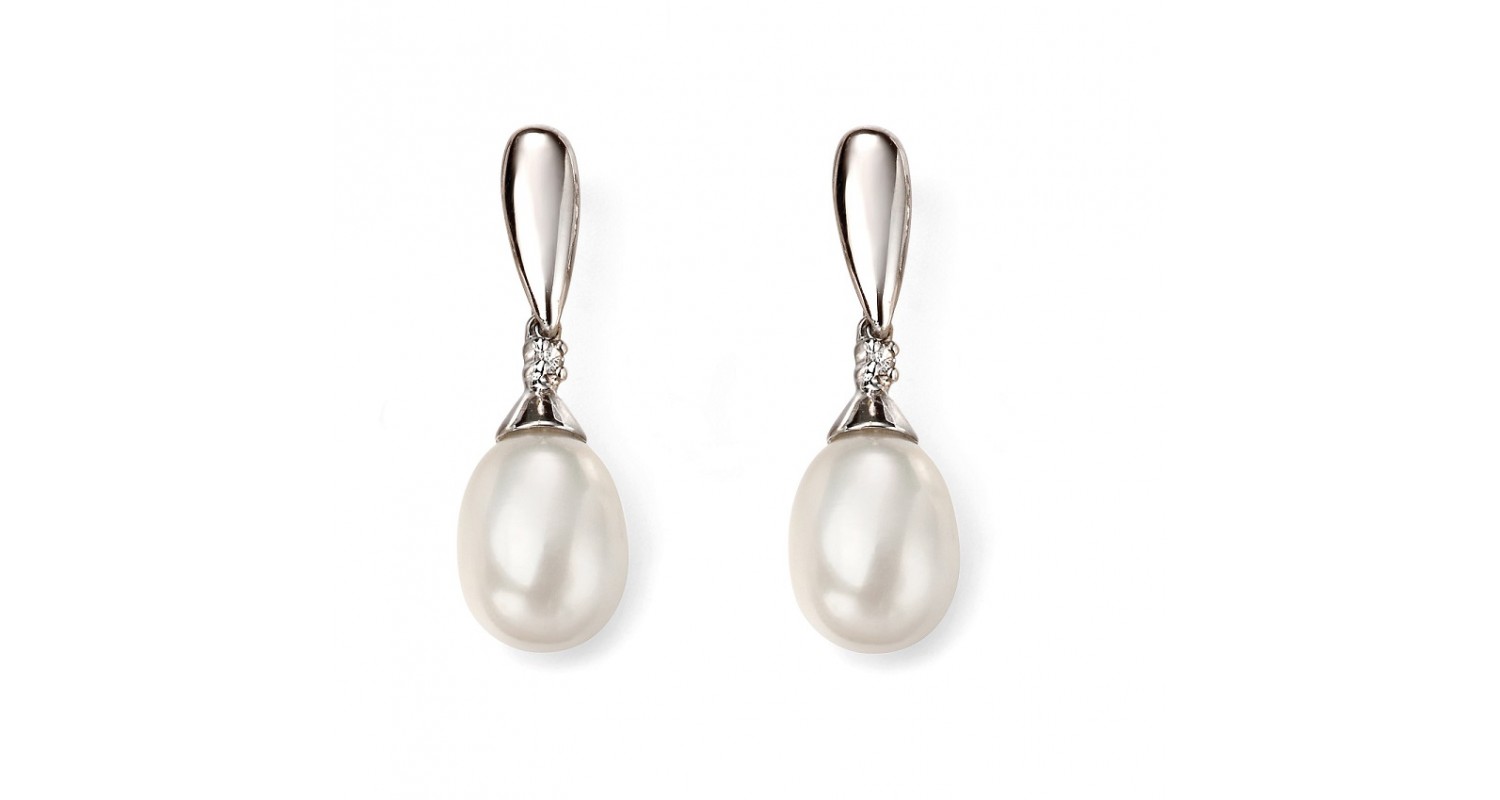 9ct White Gold Freshwater Pearl & Diamond Drop Earrings