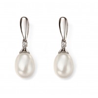 9ct White Gold Freshwater Pearl & Diamond Drop Earrings